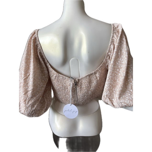 NWT Petal & Pup Floral Crop Top Puff Sleeve Tie Front Beige Women's Size‎ L - Picture 4 of 13